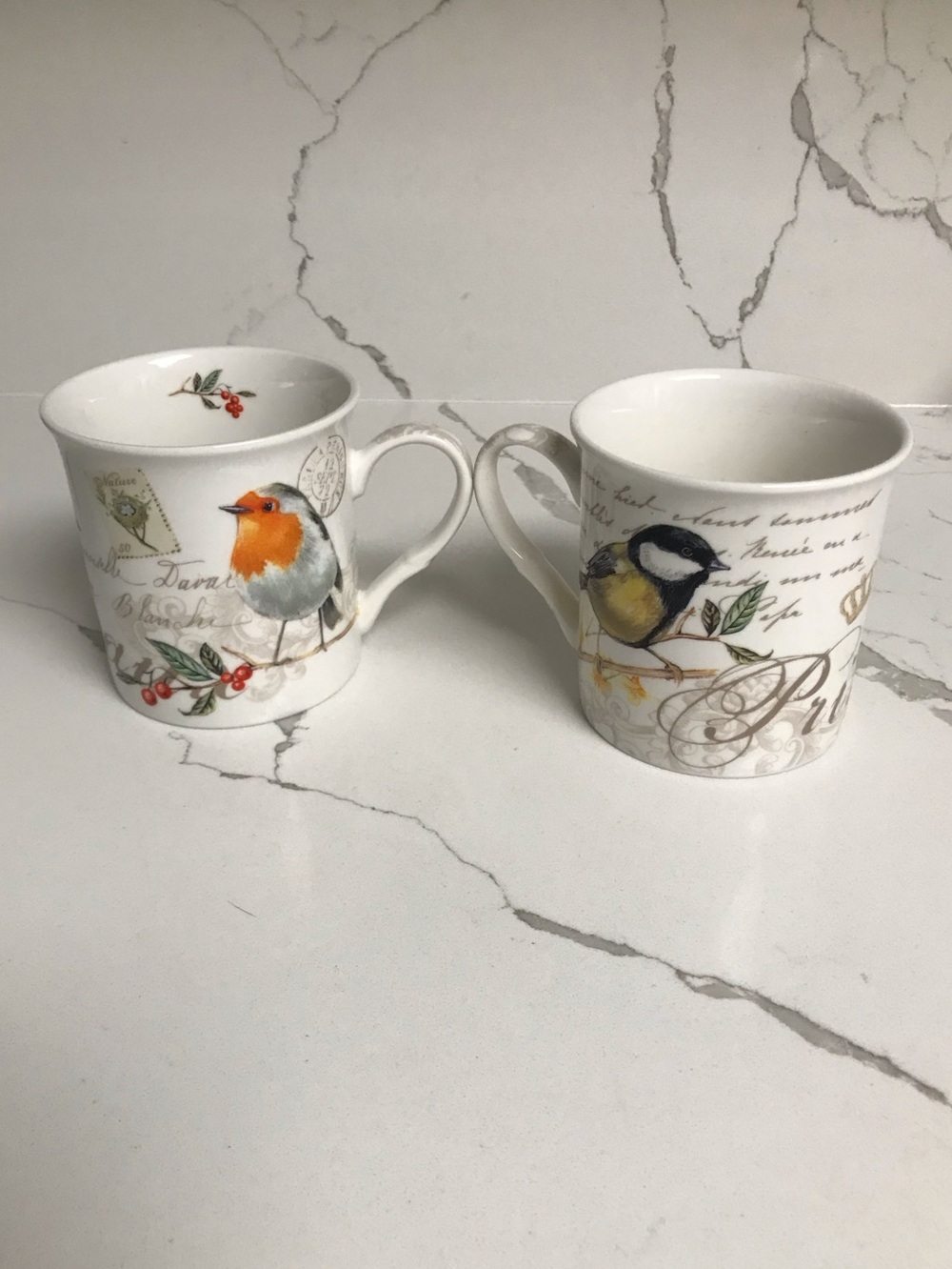 Bird-Illustrated White Ceramic Mug Set - Decorative Kitchen Mugs